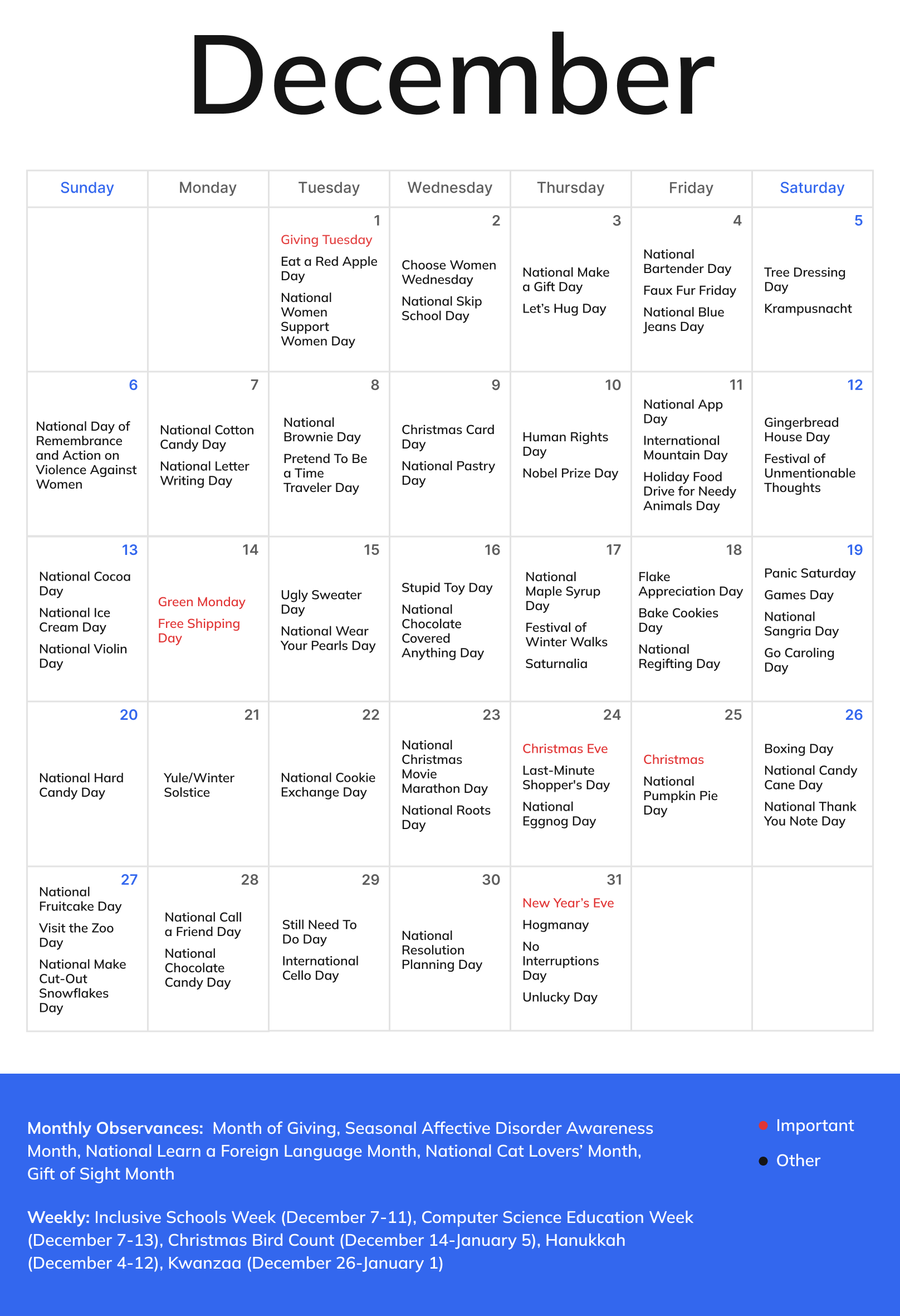 A December 2026 monthly calendar of e-commerce holidays and events