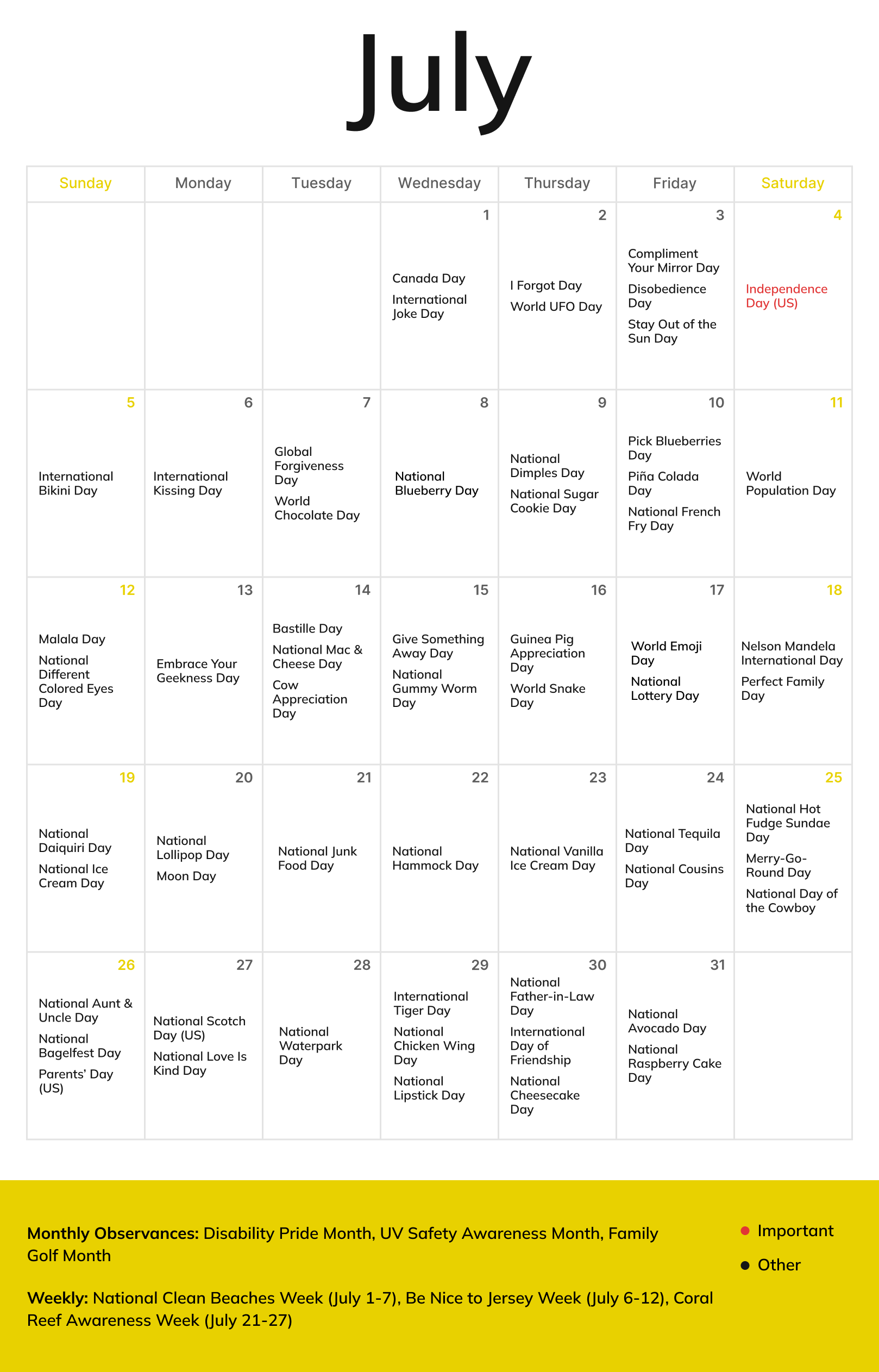 A July 2026 monthly calendar of e-commerce holidays and events