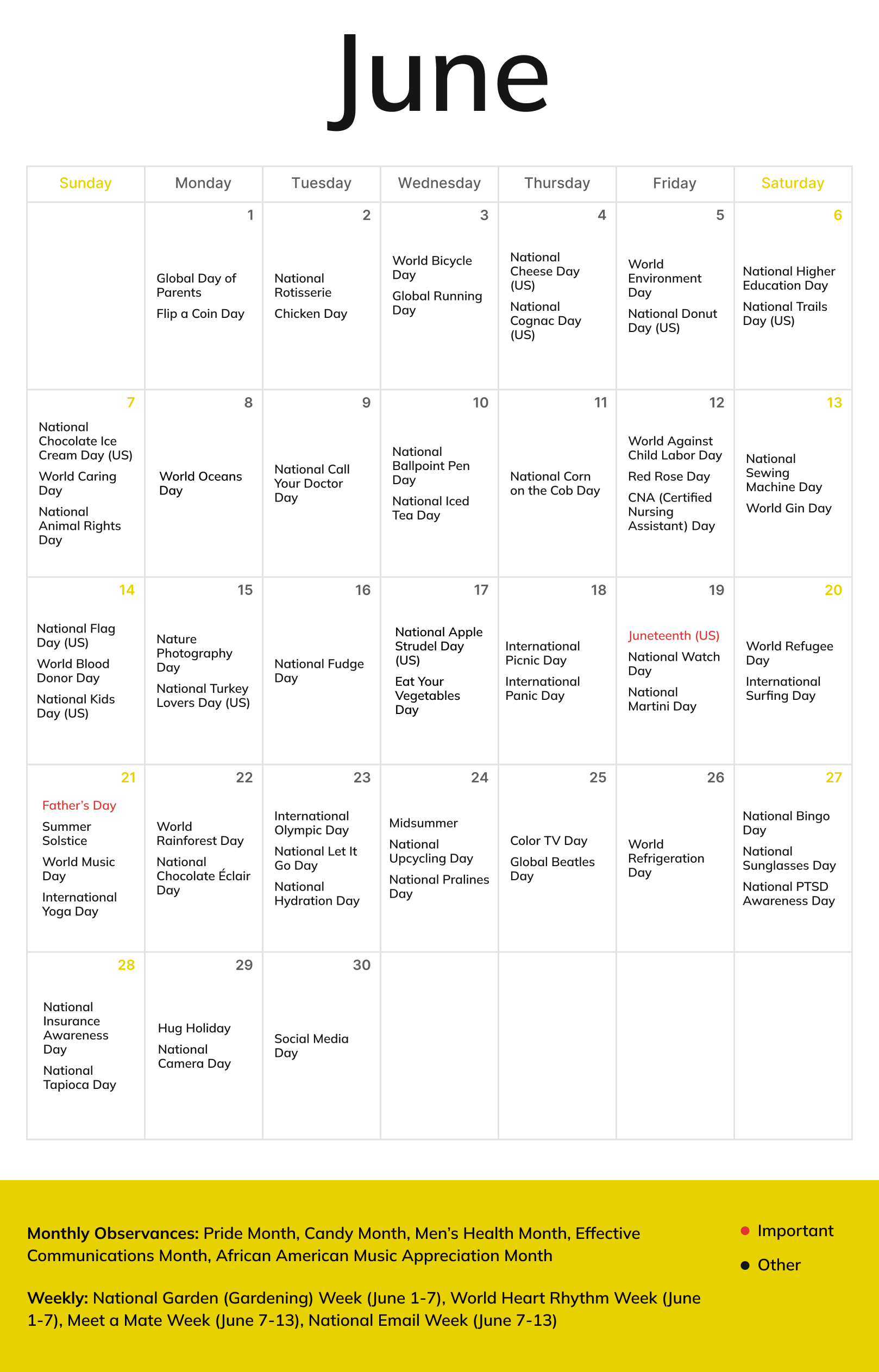 A June 2026 monthly calendar of e-commerce holidays and events