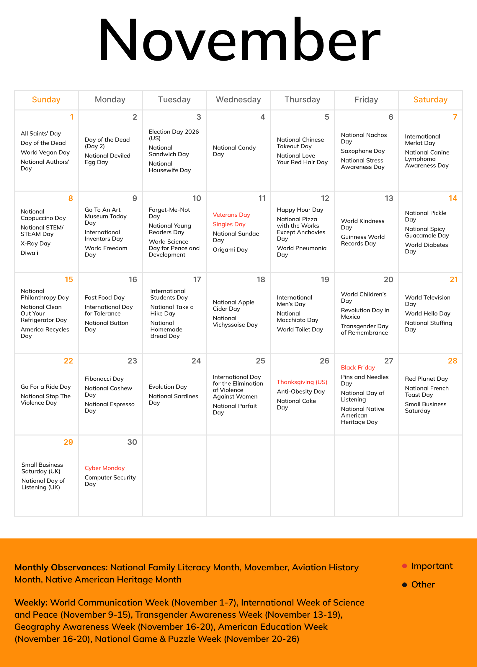A November 2026 monthly calendar of e-commerce holidays and events