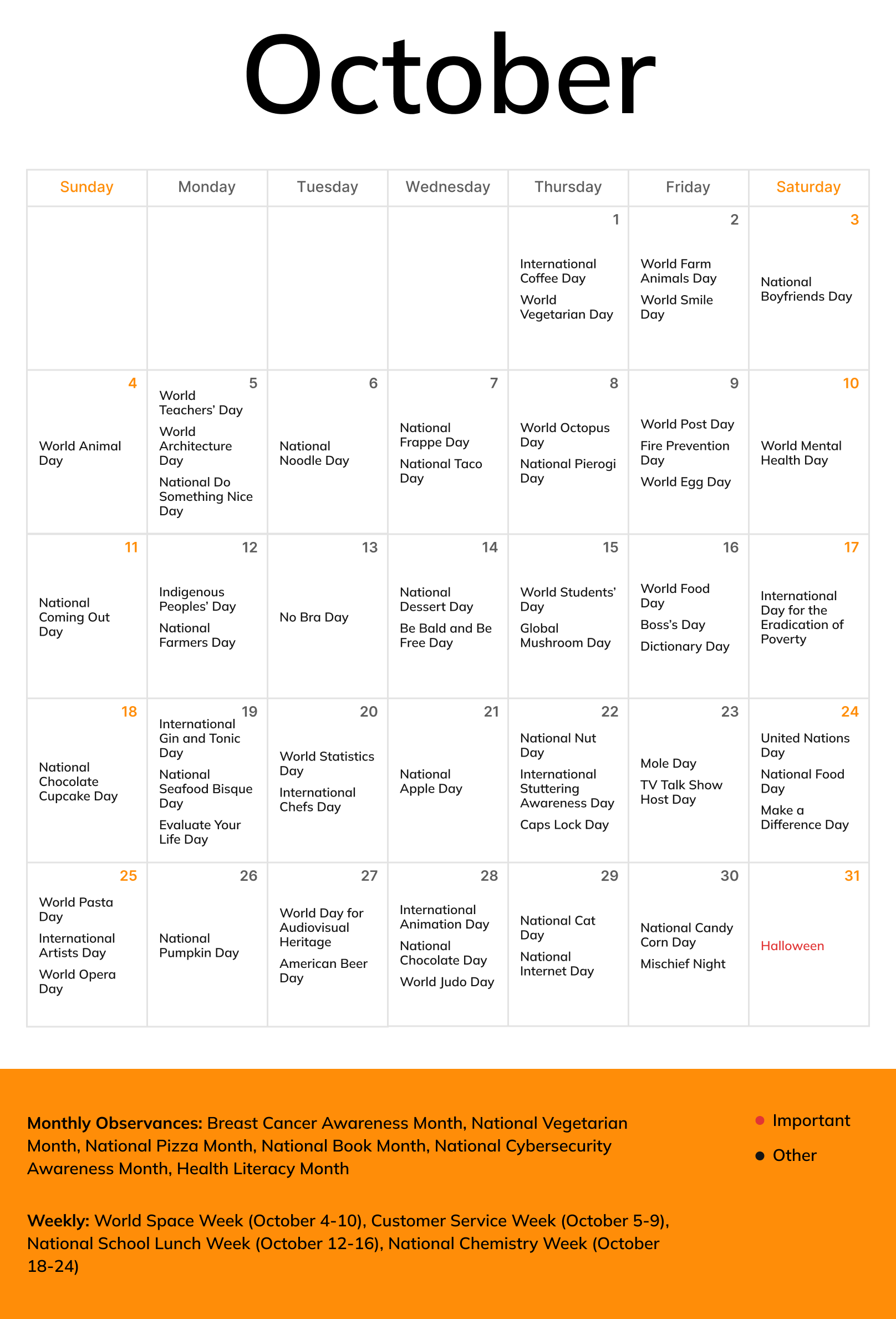 An October 2026 monthly calendar of e-commerce holidays and events