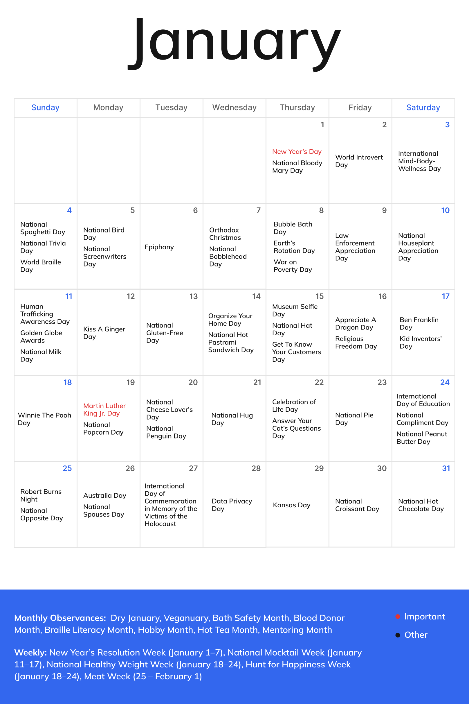 Calendar with January 2026 newsletter events