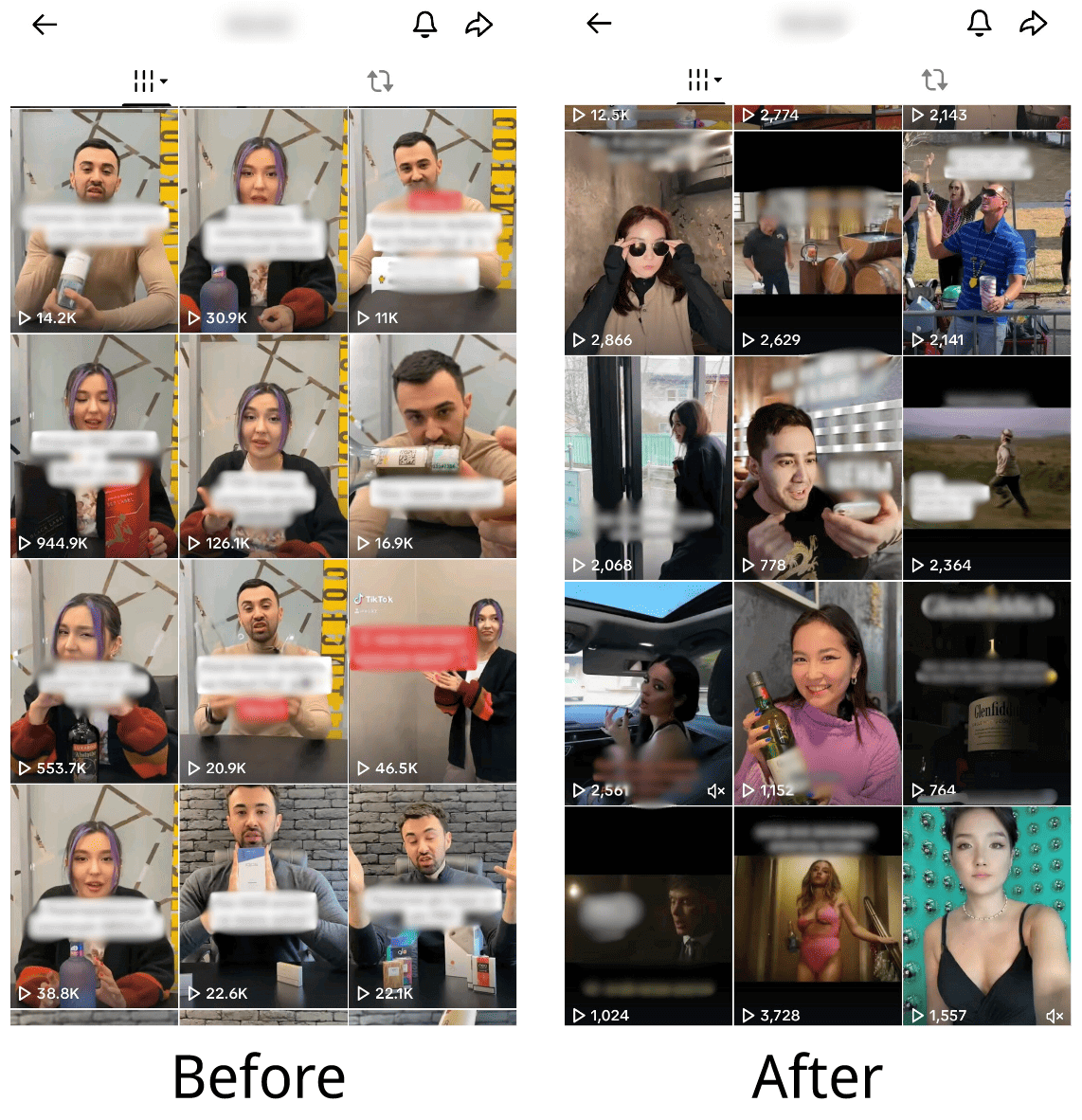 On the left, a brand’s TikTok page showing videos with views ranging from 11 thousand to almost a million, signed “Before.” On the right, more recent videos on the same TikTok page with around 3,000 views per video and one reaching 12,500, signed “After”