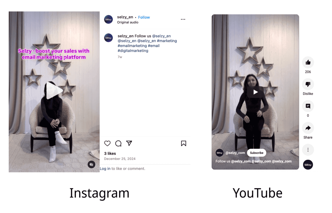 On the left, A Selzy video on Instagram with 3 likes. On the right, the same Selzy video on YouTube with 206 likes