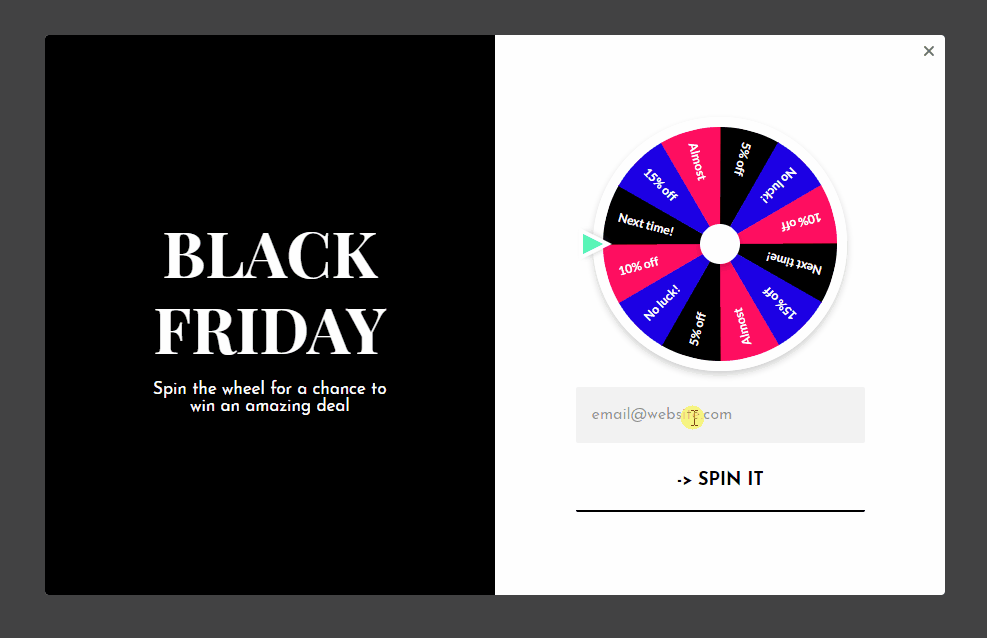 A spin-to-win pop-up example from Wisepops