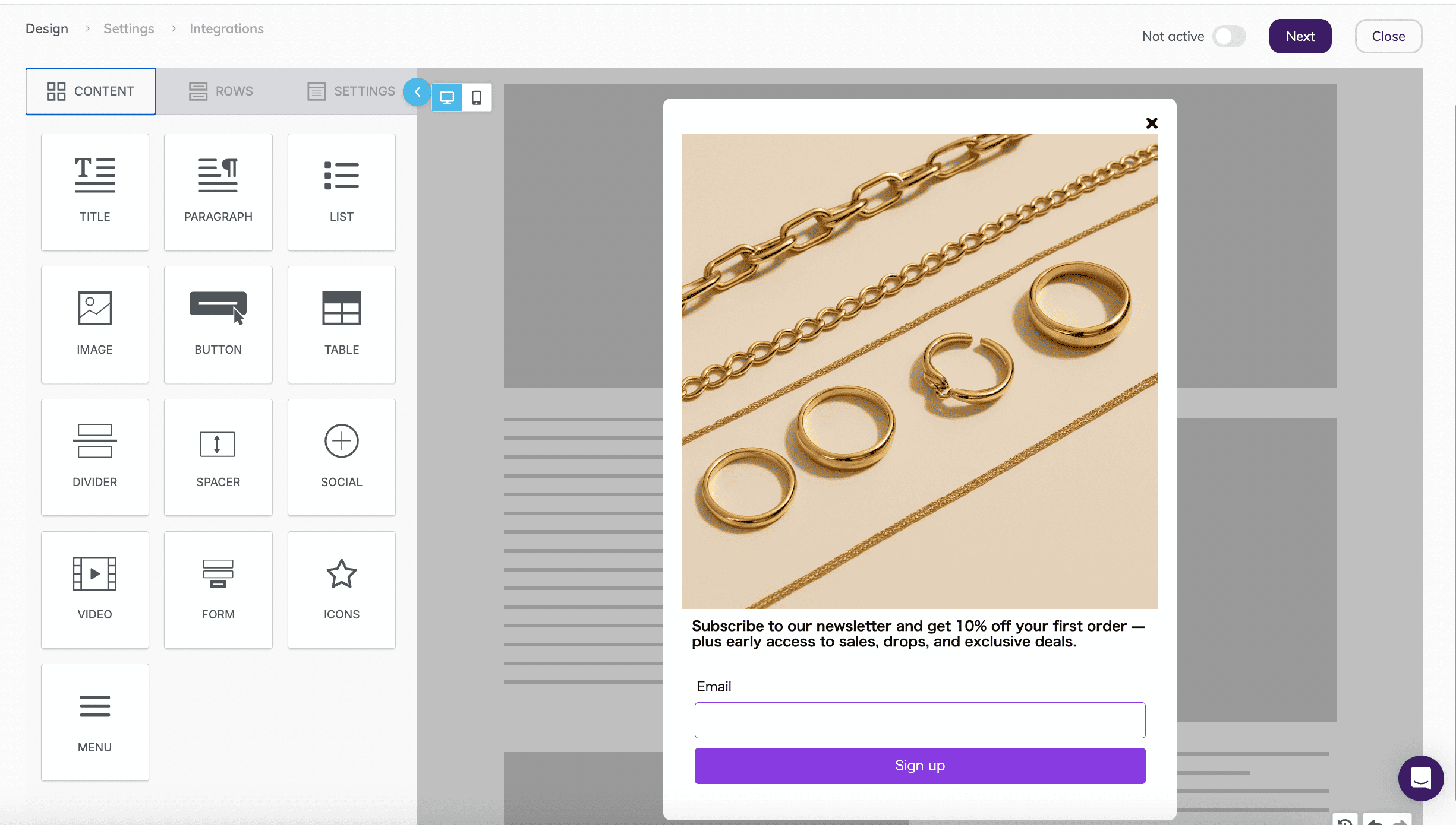 Selzy email form builder featuring a pop-up with gold jewelry and a newsletter sign-up offer for 10% off.