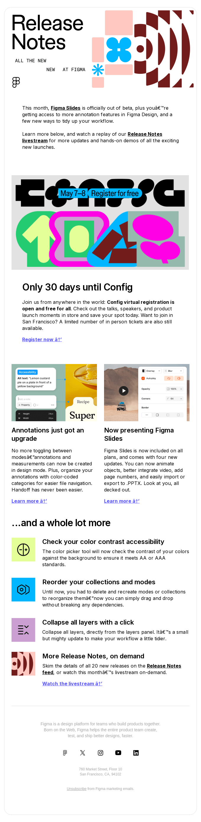 A launch day email from Figma sharing release notes and offering content for new and current users