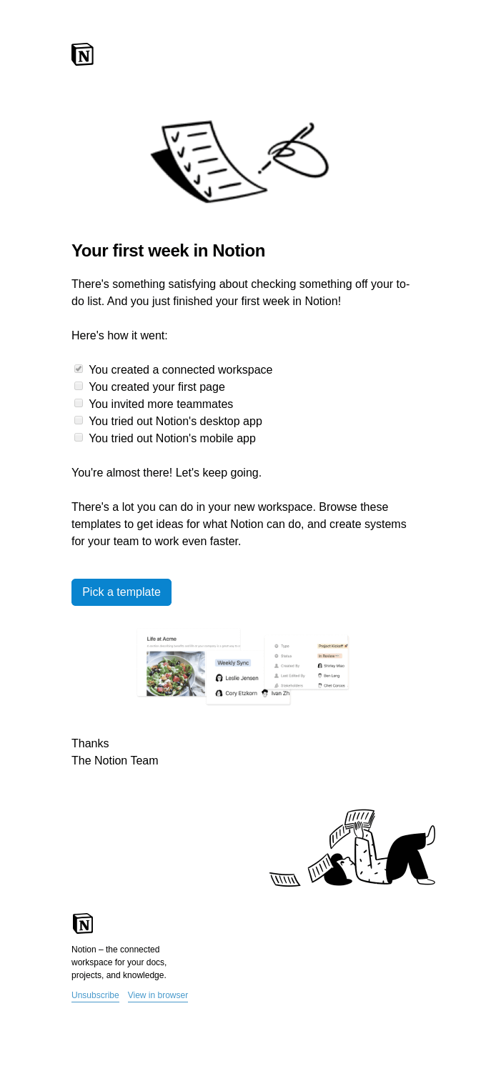SaaS platform Notion's onboarding drip email with a checklist for week 1 in the service