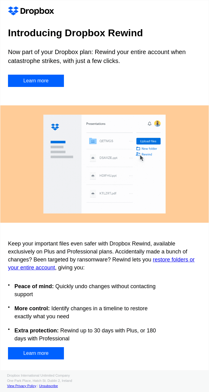 An email by Dropbox introducing the “Dropbox Rewind” feature, explaining its benefits for file security and encouraging users with the “Learn More” CTA