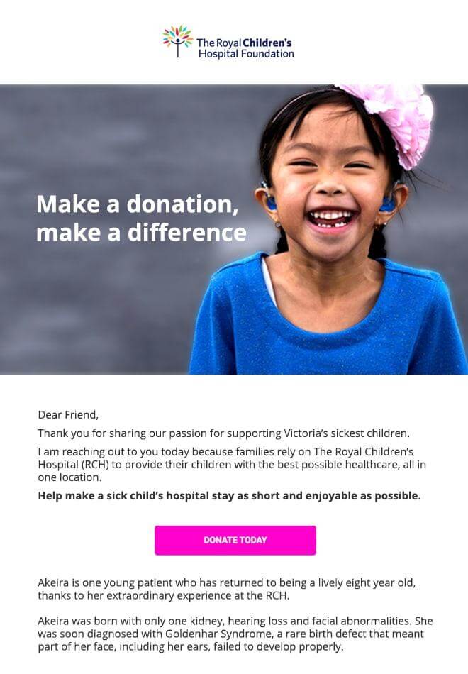 The Royal Children’s Hospital Foundation donation appeal email featuring a heart-warming story and photo of a young survivor girl