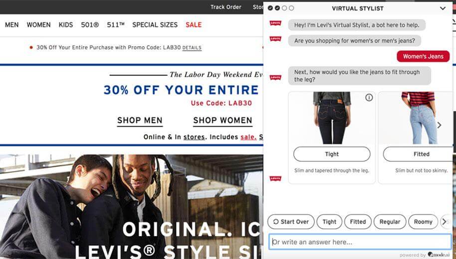 The Levi’s Virtual Stylist assists shoppers with fit, rise, and stretch for the brand’s denim line and also provides sizing recommendations.
