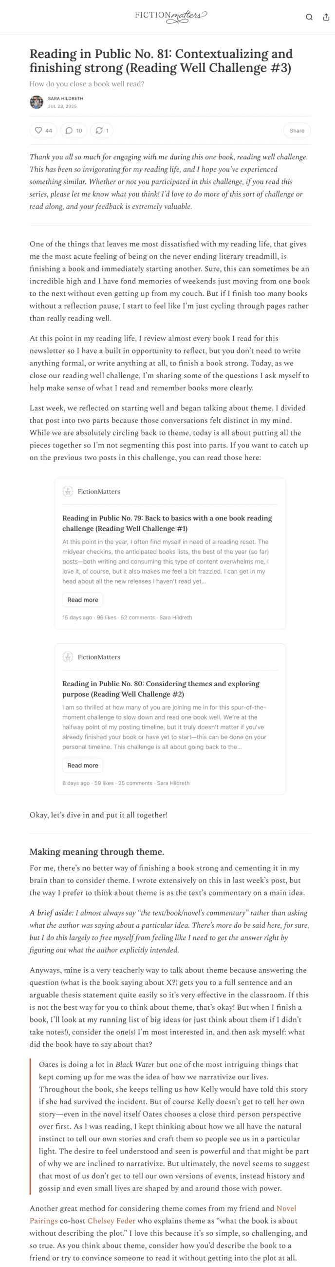 A FictionMatters email newsletter titled “Reading in Public No. 81: Contextualizing and finishing strong (Reading Well Challenge #3)”