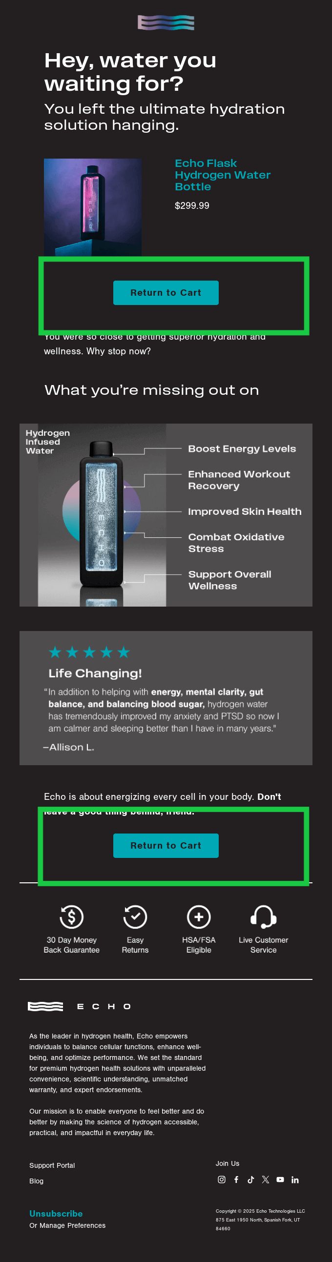 Echo Water email promoting the Echo Flask Hydrogen Water Bottle, featuring product benefits, customer review, and two prominent “Return to Cart” CTA buttons