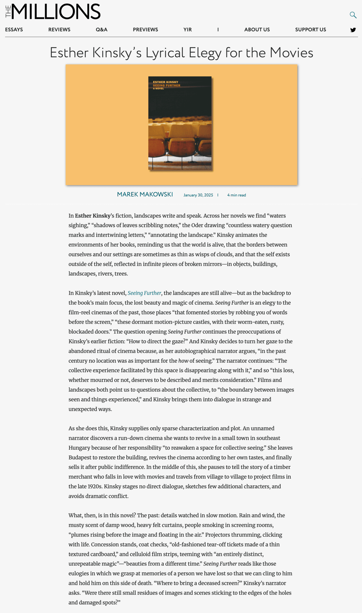 An article on The Millions website titled “Esther Kinsky’s Lyrical Elegy for the Movies”