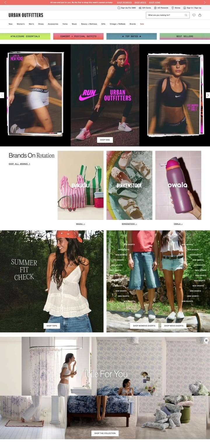 Urban Outfitters homepage featuring summer fashion edits, activewear, curated collections, home decor, trending women’s dresses, and navigation for shopping by category or signing up for offers