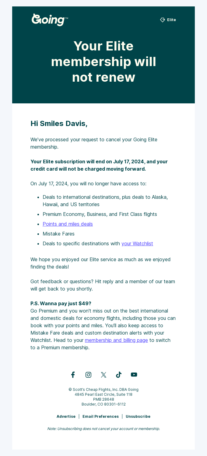 Cancellation confirmation email from Going notifying the recipient that their membership will not renew, with details on service end date, lost benefits, and an offer to switch to Premium