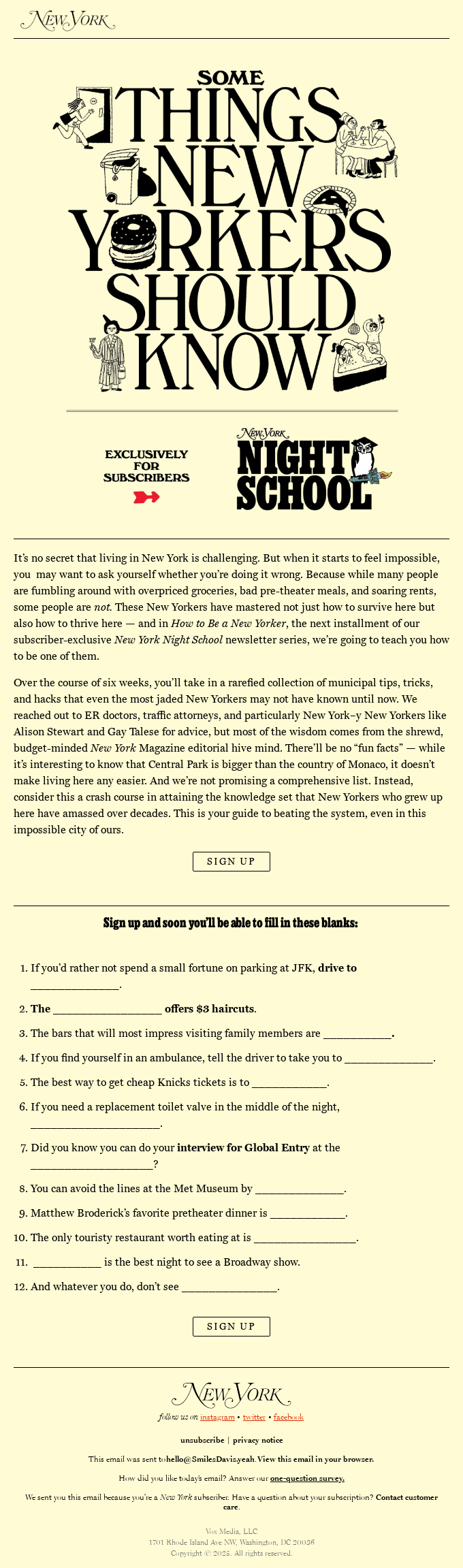 Email newsletter from New York Magazine promoting the subscriber-exclusive “New York Night School” series, offering local tips, hacks, and trivia to help readers navigate and thrive in NYC