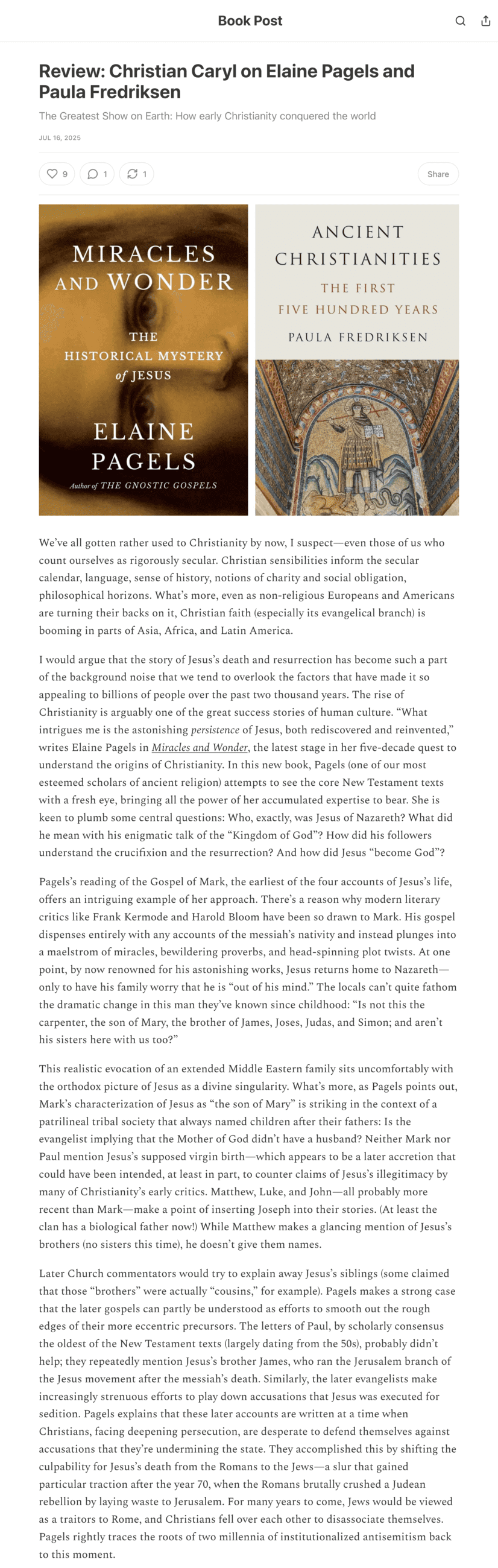 A Book Post email newsletter titled “Review: Christian Caryl on Elaine Pagels and Paula Fredriksen”
