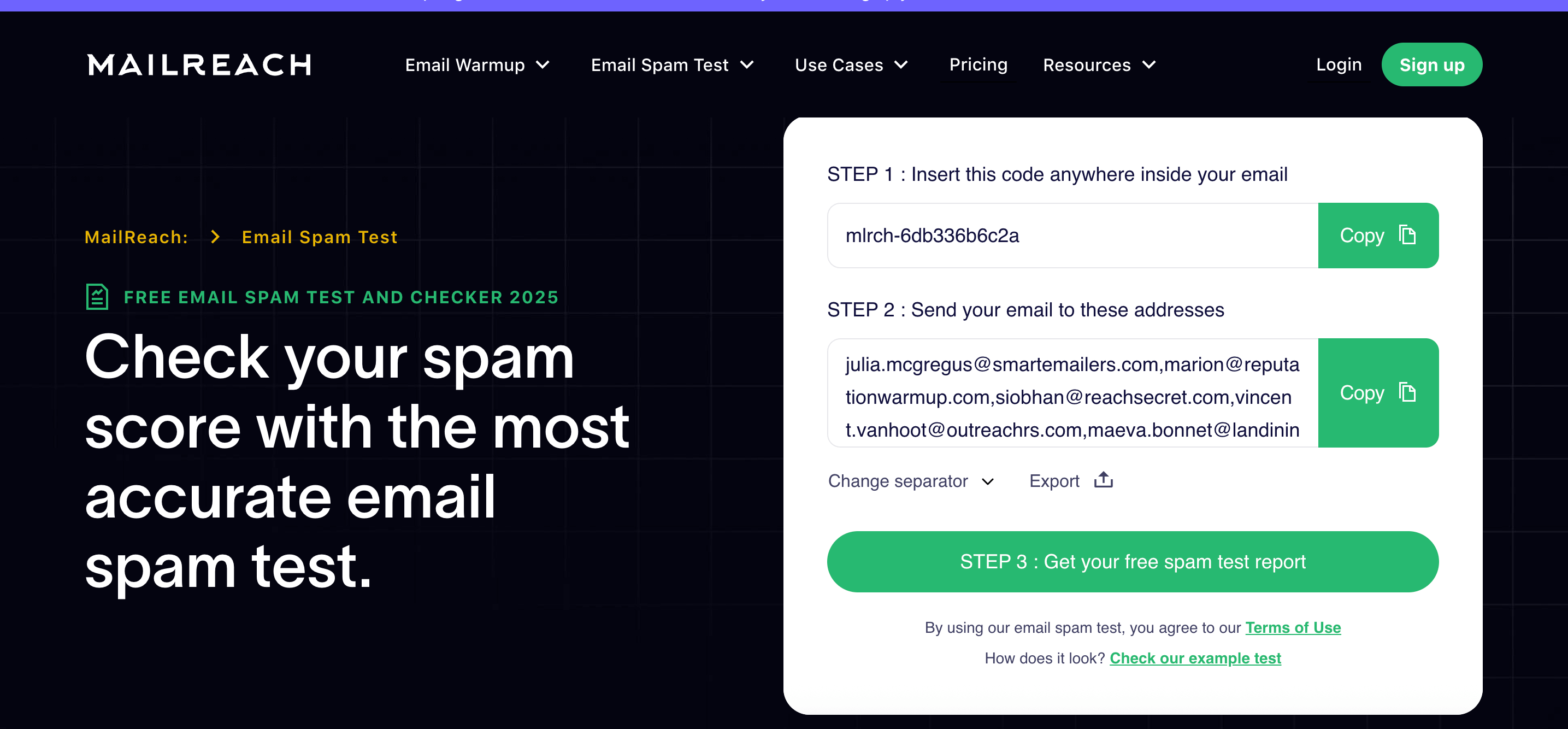 MailReach spam test instructions showing code insertion, recipient addresses, and a button to generate a free spam score report