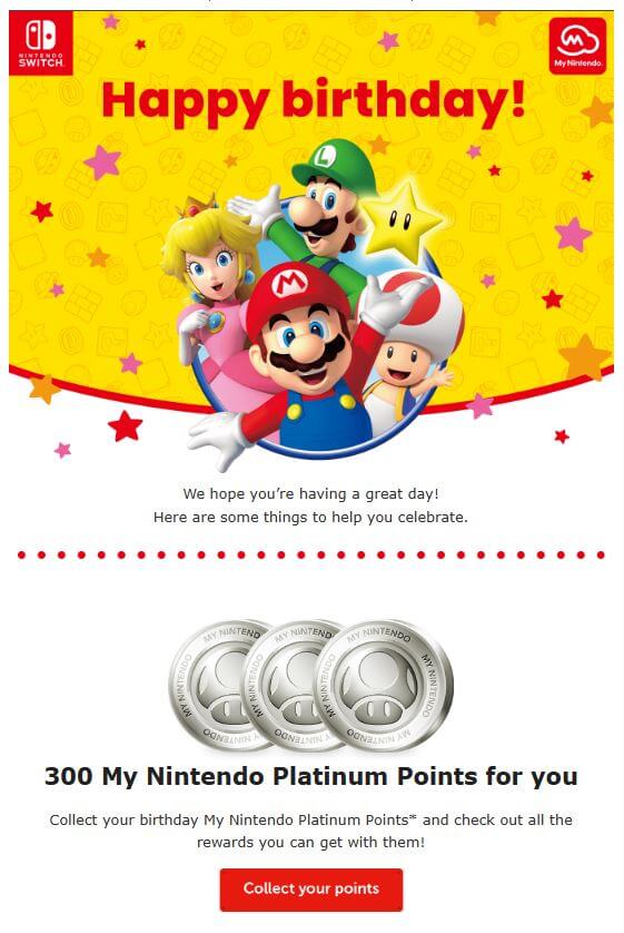 Nintendo’s birthday email, with a vibrant design featuring Super Mario characters and 300 My Nintendo Platinum Points as a gift