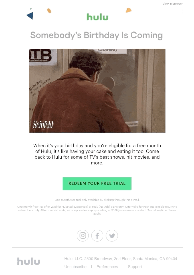 Hulu’s birthday email offers a free 30-day trial with a GIF from Seinfeld