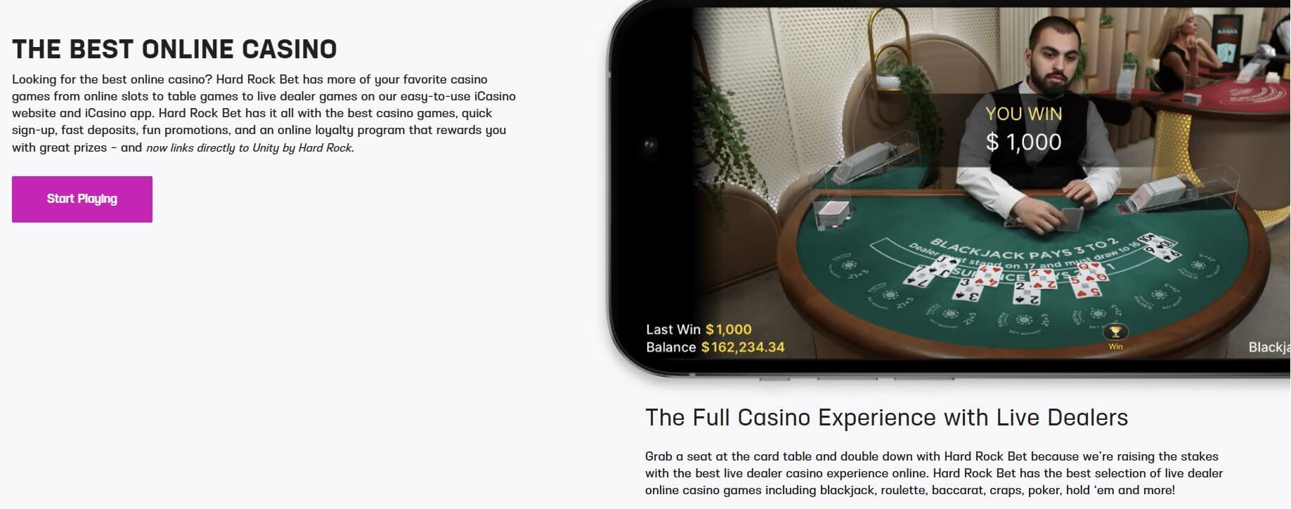 Screenshot of Hard Rock Bet online casino homepage featuring a live dealer at a blackjack table with a 'YOU WIN $1,000' message, a visible balance, and a 'Start Playing' CTA button.