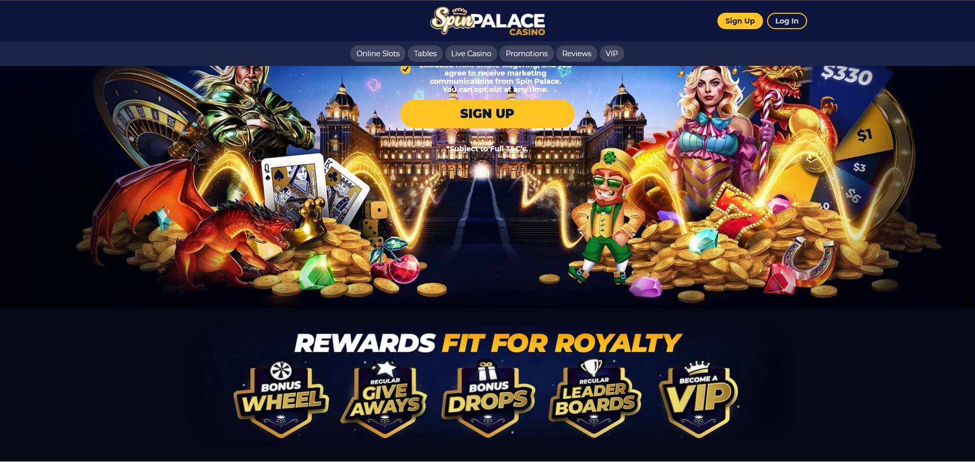 Spin Palace Casino front page featuring colorful graphics of slot characters, gold coins, and a 'Sign Up' CTA button. Promotional text highlights rewards like wheel spins, giveaways, leaderboard rankings, and VIP program benefits.
