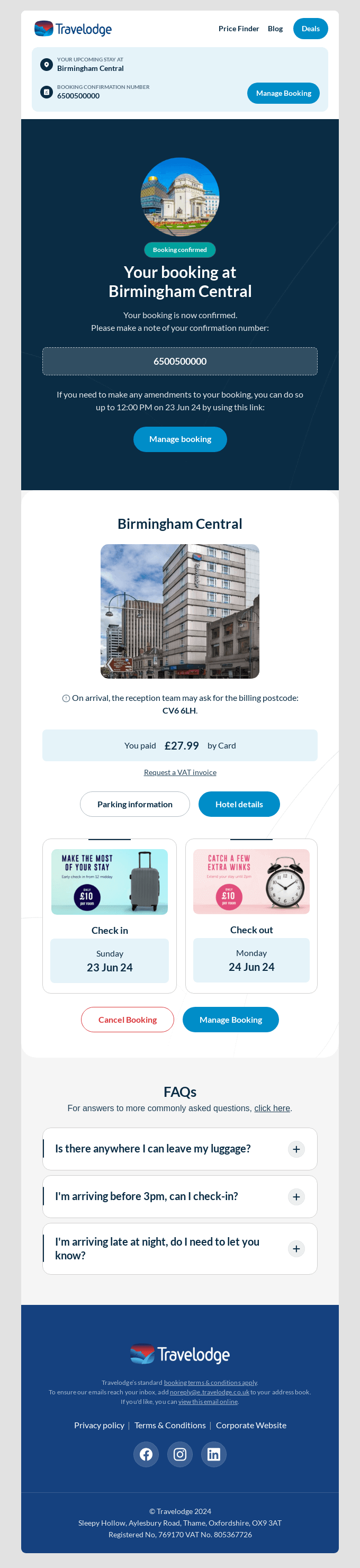 Travelodge booking confirmation email for Birmingham Central, showing hotel image, check-in and check-out dates, payment details, and links to manage booking, parking info, and FAQs