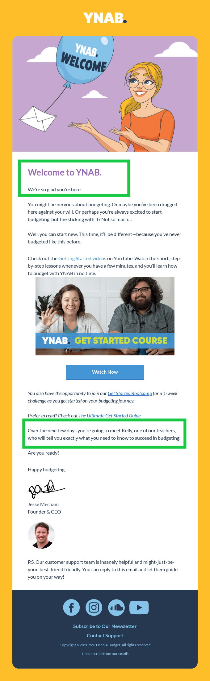 YNAB welcome email featuring a cartoon illustration, introductory message, and links to budgeting resources