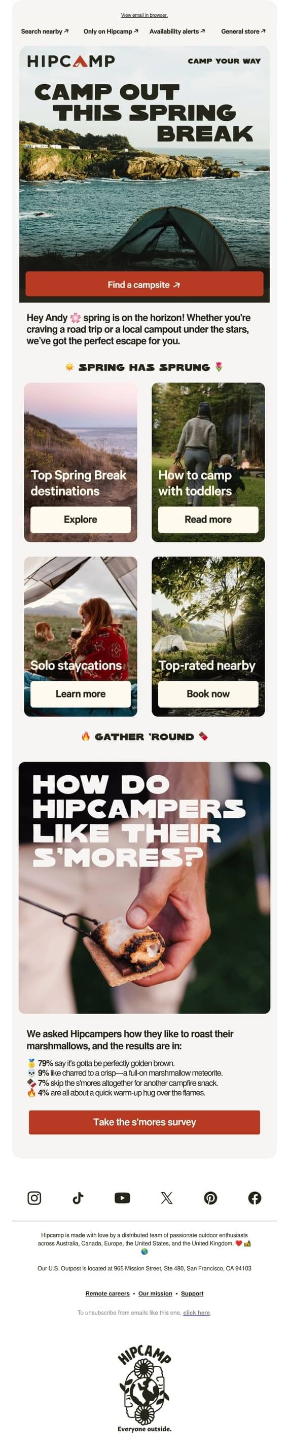 An email from Hipcamp that starts with “Hey Andy” and suggests camping spots for spring