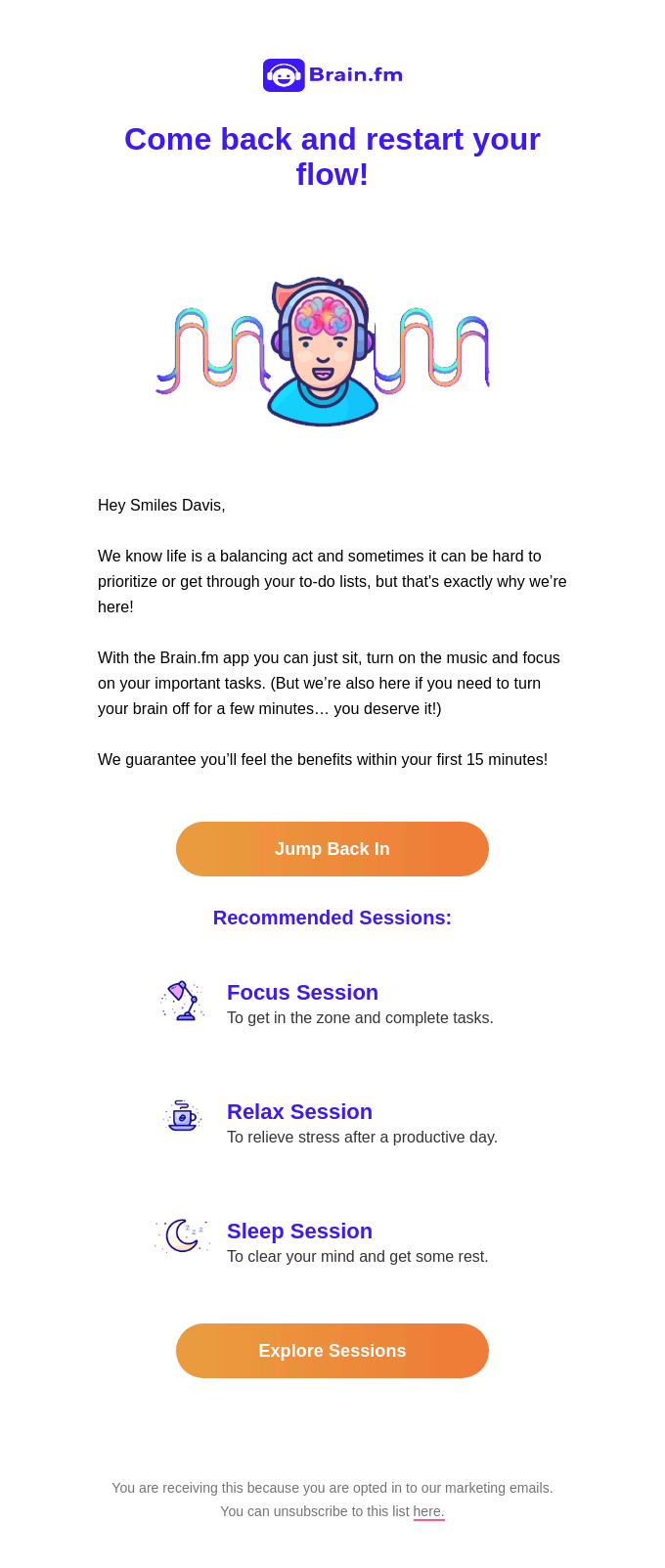 Brain.fm re-engagement email encouraging users to return, featuring a friendly illustration, session recommendations for focus, relaxation, and sleep, and prominent call-to-action buttons