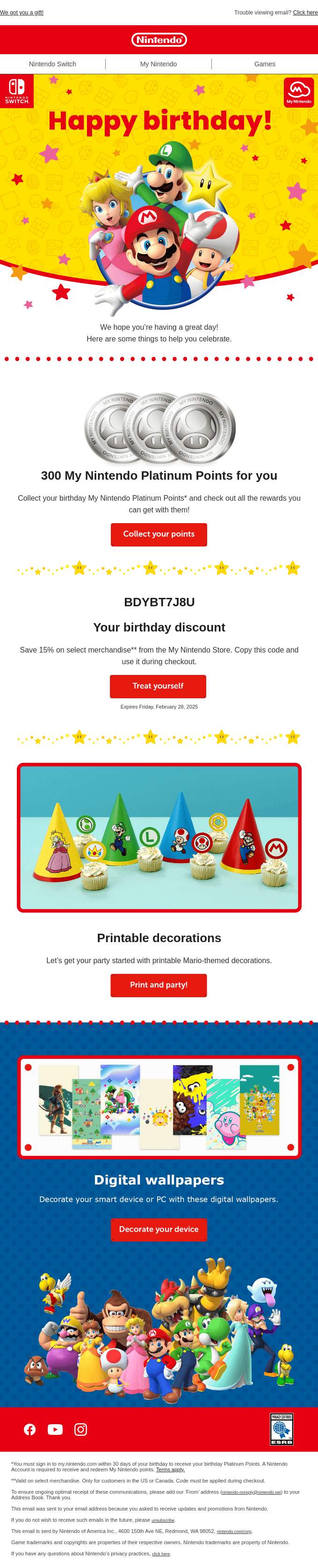Nintendo birthday email featuring Mario characters, 300 My Nintendo Platinum Points reward, 15% birthday discount code, and printable party decorations