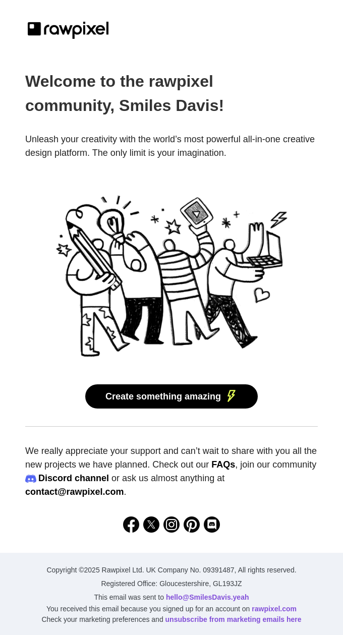 Rawpixel welcome email featuring a playful illustration of three characters celebrating creativity. The message encourages new users to explore the platform’s creative tools and highlights support channels like Discord, FAQs, and direct contact.