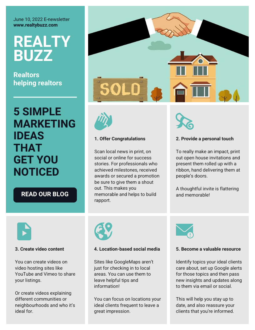 An email template with an infographic of 5 marketing ideas for realtors to get noticed