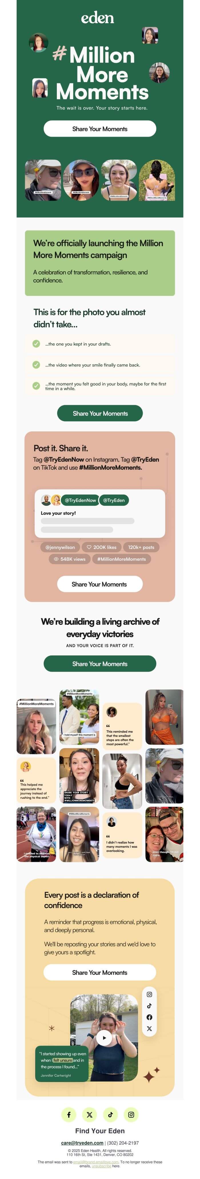 An email with the heading “Million more moments” with various photos showing the brand’s customers’ real-life, unfiltered moments