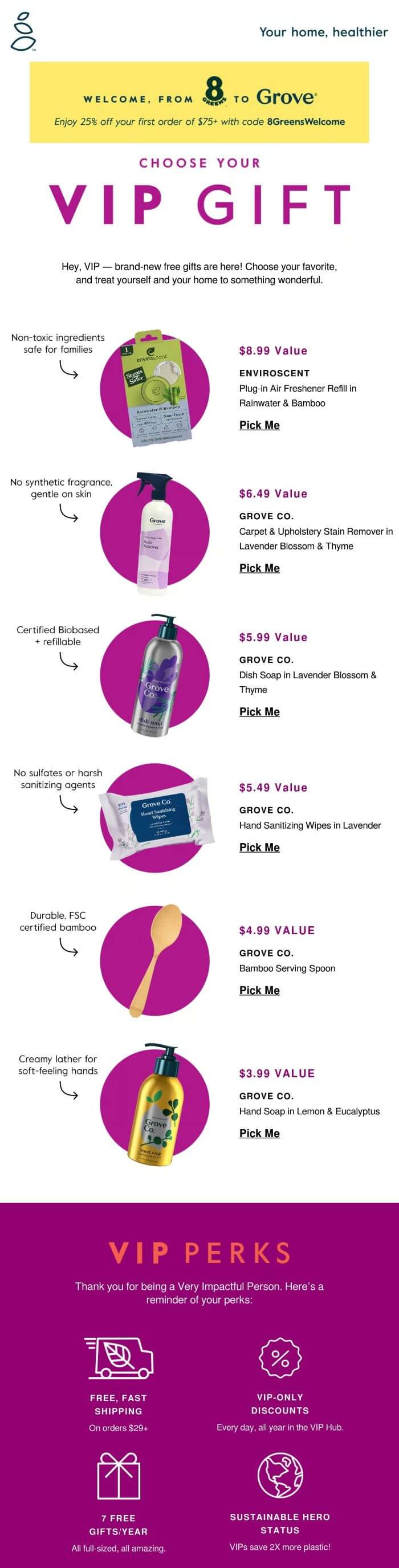 An email with the heading “Choose your VIP gift” and 6 different products with “Pick me” CTA links, selling points, prices, and short descriptions