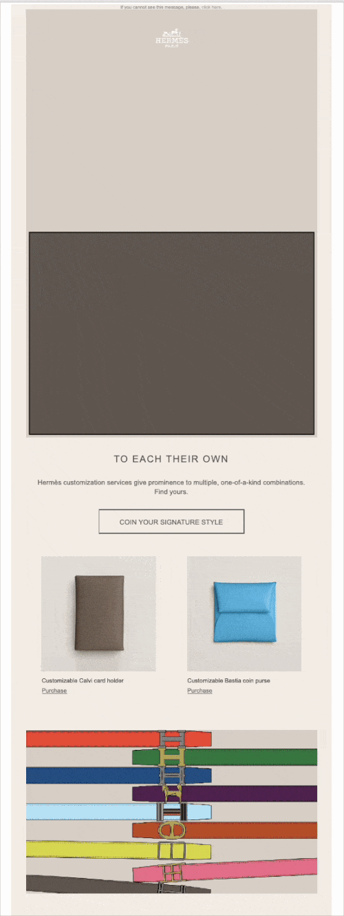An email with GIFs of different coin purses and belts and a CTA button “Coin your signature style”