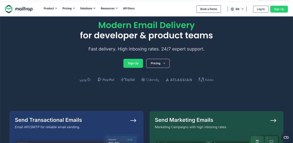 Mailtrap homepage showing tools for sending transactional and marketing emails, highlighting fast delivery, high inboxing rates