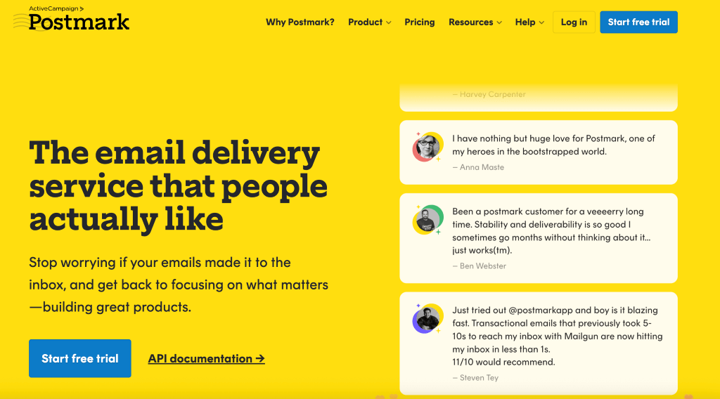 Postmark homepage with bold yellow header, email delivery tagline, and customer testimonials praising speed and reliability