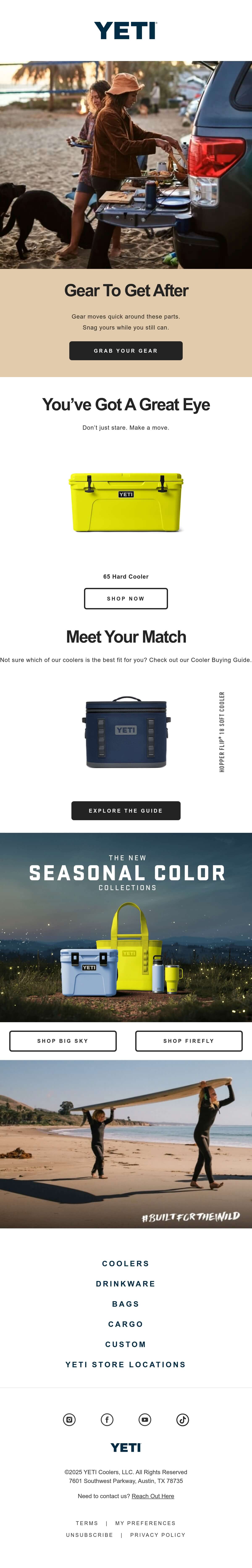 YETI browse abandonment email with simple layout, strong lifestyle visuals, and product images designed for fast loading and mobile clarity