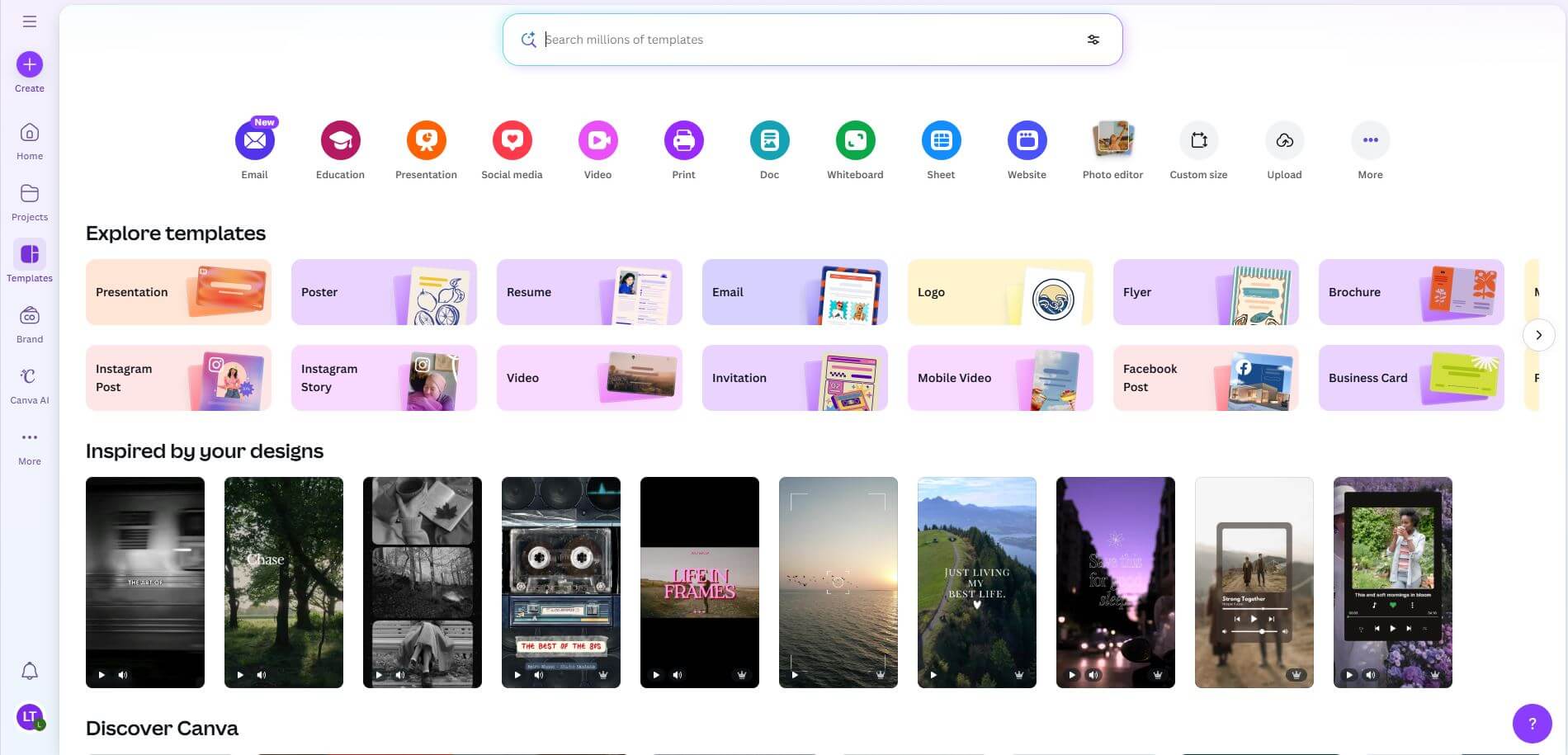 Canva’s main dashboard, where the user can choose to create many different designs, each with their own available templates