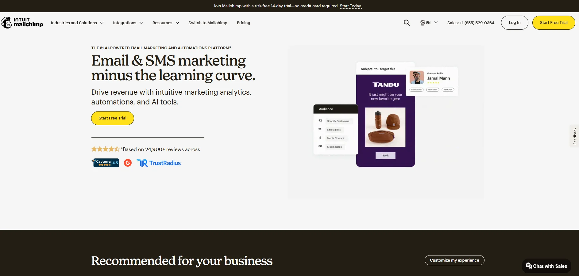 Mailchimp homepage displaying email campaign builder and audience management tools