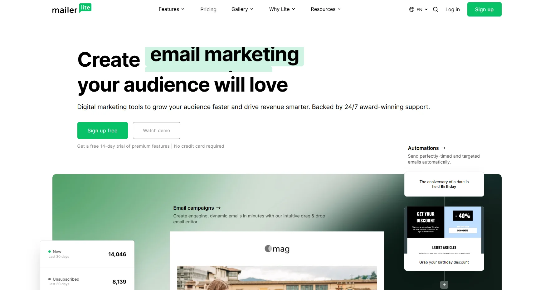 MailerLite homepage with email editor preview and marketing automation features