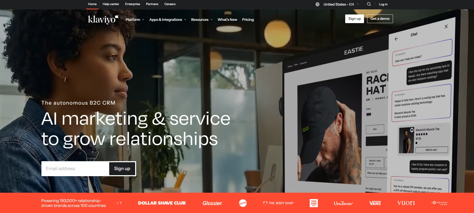 Klaviyo homepage showing ecommerce email marketing dashboard and analytics interface