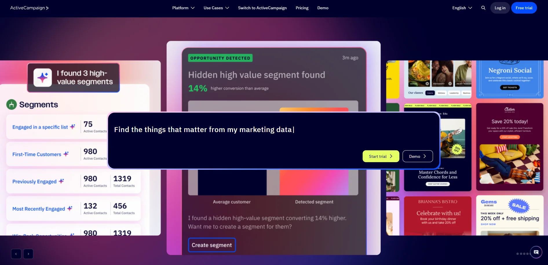 ActiveCampaign homepage showing customer segmentation dashboard and marketing automation interface