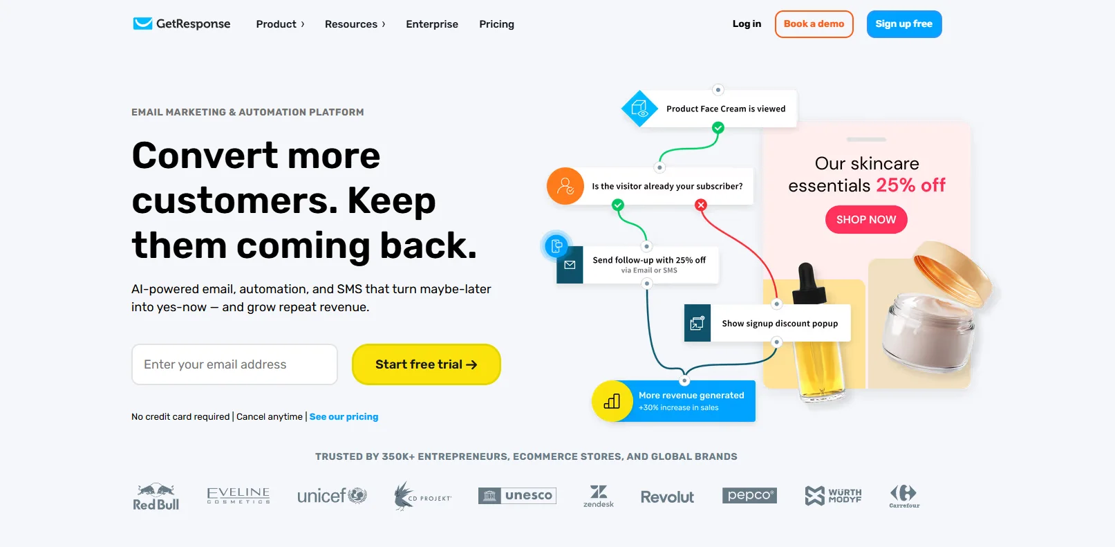 GetResponse homepage with automation flow builder and email marketing tools overview