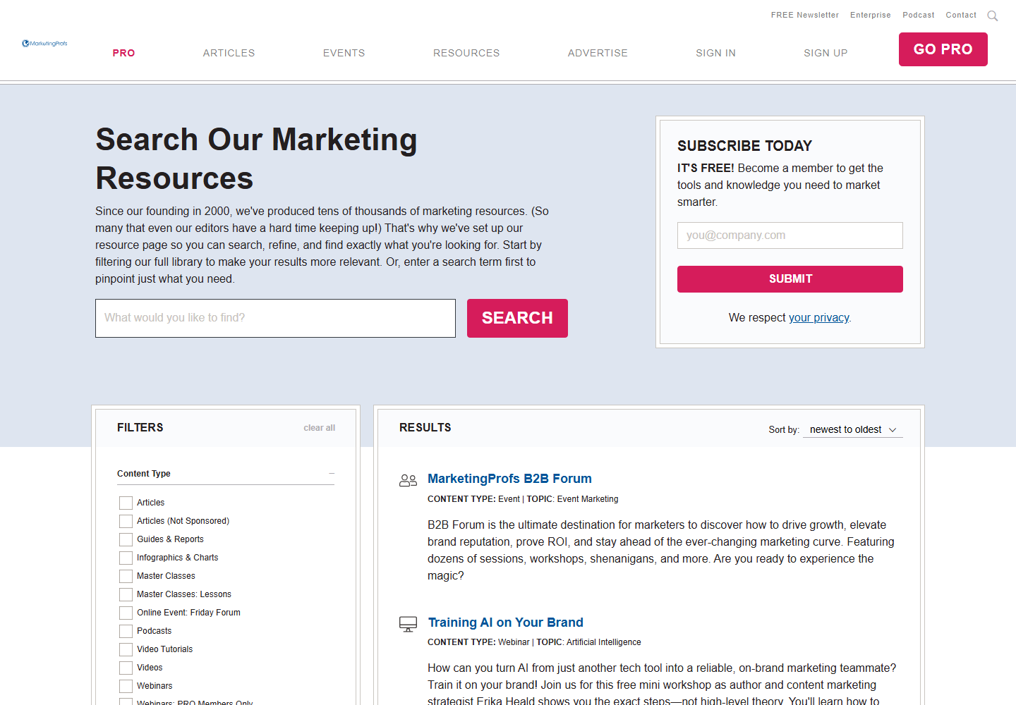 MarketingProfs Resources page with marketing articles and tools