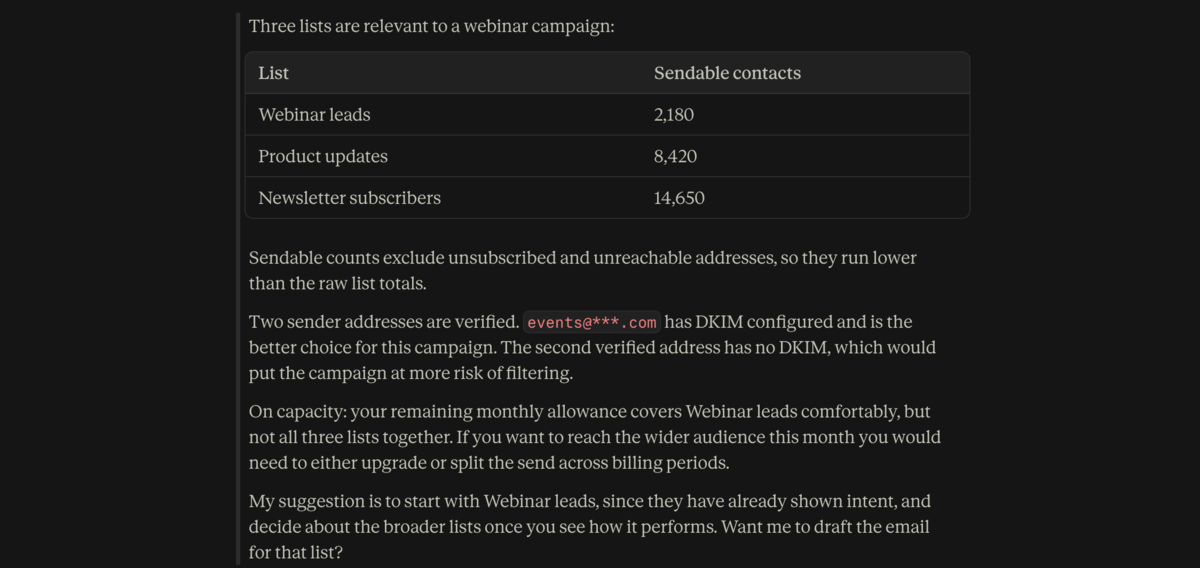 AI assistant checking Selzy account lists, sender addresses and sending capacity before a webinar campaign
