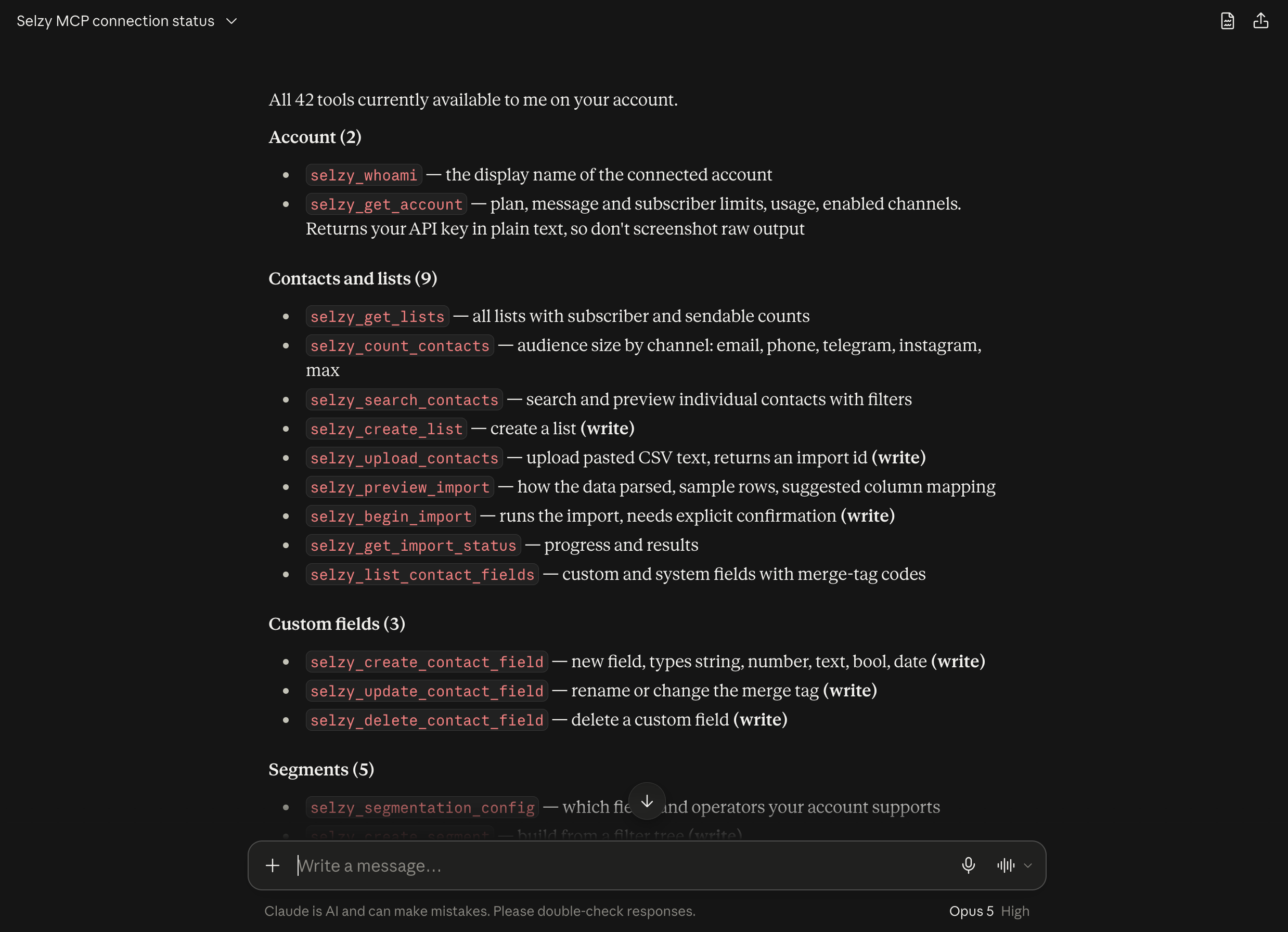Selzy MCP connected in Claude Code