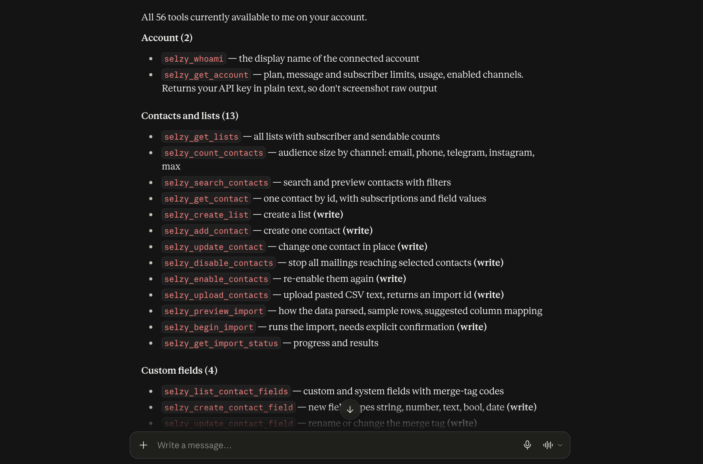 Selzy MCP tool list in Claude, showing 56 tools grouped by contacts, segments, templates, and campaigns